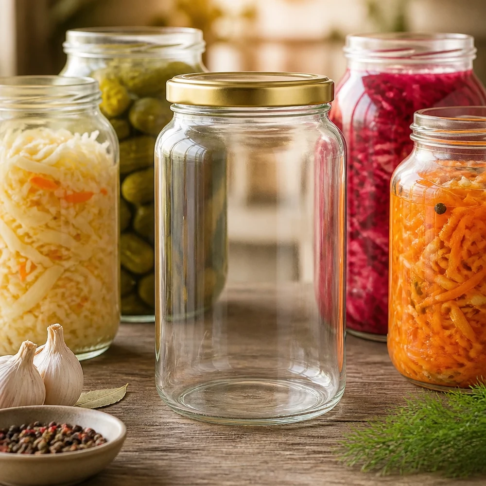 1700ml rond glas met BasicSeal deksel goud UNiTWIST 1700ml BasicSeal gouden ronde pot omringd door kleurrijke fermentatiepotten met ingemaakte groenten op een rustieke houten tafel
