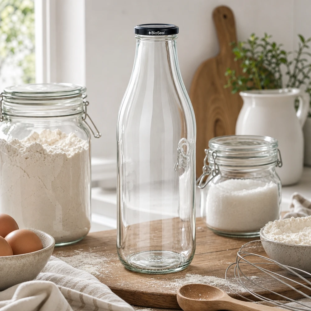 1000ml fles met BioSeal deksel zwart UNiTWIST 1000ml glazen fles met BioSeal deksel in keuken tussen voorraadpotten bloem suiker keukengerei lifestyle