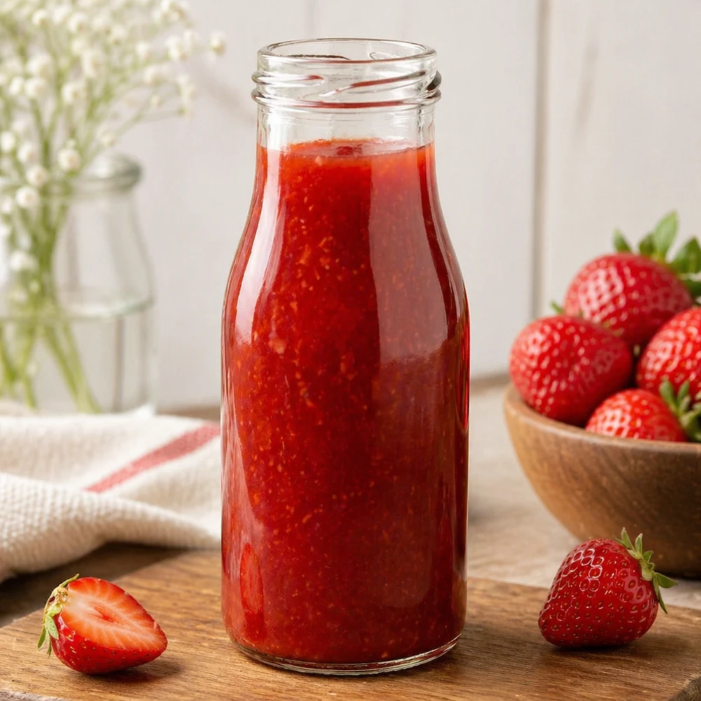 150ml fles zonder deksel (TO43) UNiTWIST UNiTWIST Bottle150 Glazen fles 150ml TO43 gevuld met aardbeiensap naast verse aardbeien op houten tafel