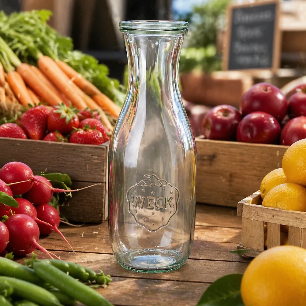 Sapfles van 1062 ml met glazen deksel WECK RR60 WECK sapfles 1062ml transparant leeg op houten tafel met verse fruitgroenten radijs wortelen citroenen appels