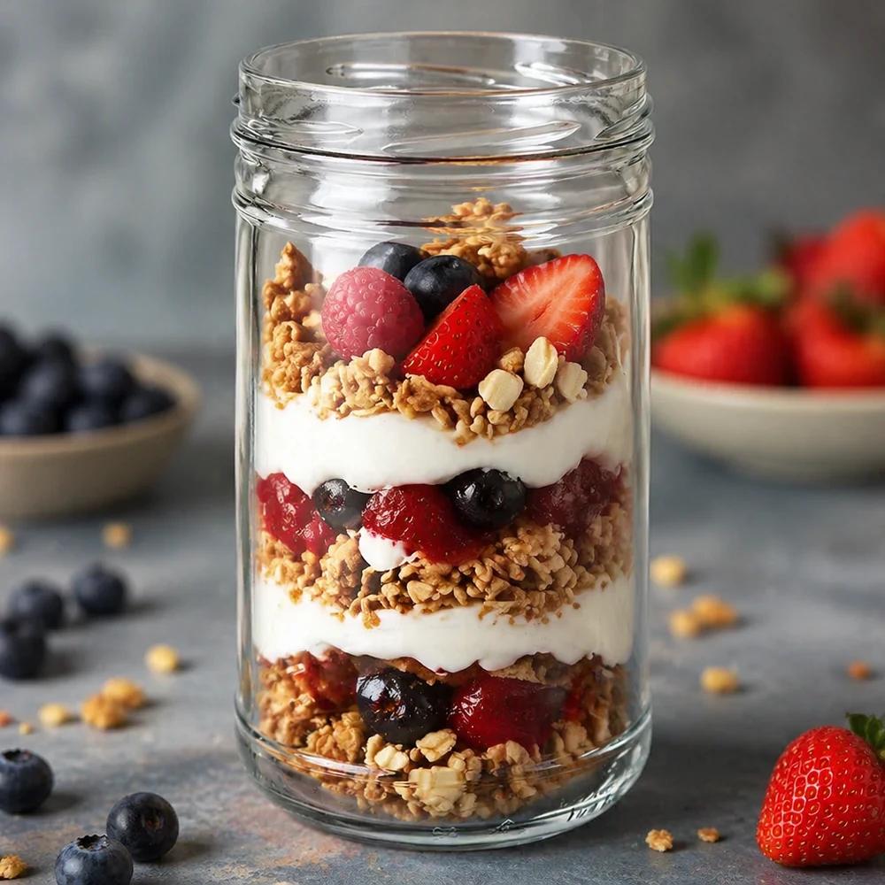 1053ml beker zonder deksel (TO100) UNiTWIST UNiTWIST bekers 1053ml TO100 gevuld met yoghurt muesli bessen gelaagd dessert als toepassingsvoorbeeld keuken