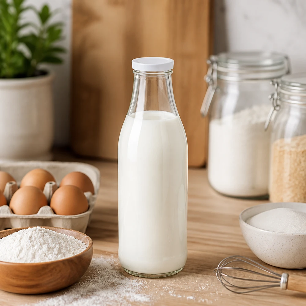 1000ml fles met BasicSeal deksel wit UNiTWIST 1000ml glazen fles gevuld met melk BasicSeal deksel wit Keuken decor Bak ingrediënten Eieren Meel Bewaarbus