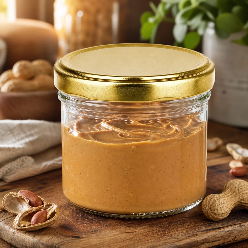 230ml Zylinderglas mit goldenem BioSeal Deckel gefüllt mit cremiger Erdnussbutter Nussmus auf Holztisch Küche