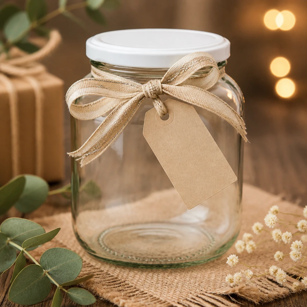 370ml ovaal glas met BasicSeal deksel wit UNiTWIST 370ml Ovalglas UNiTWIST mit weißem Deckel dekorativ gestaltet mit Juteband und Geschenkanhänger als Geschenkidee