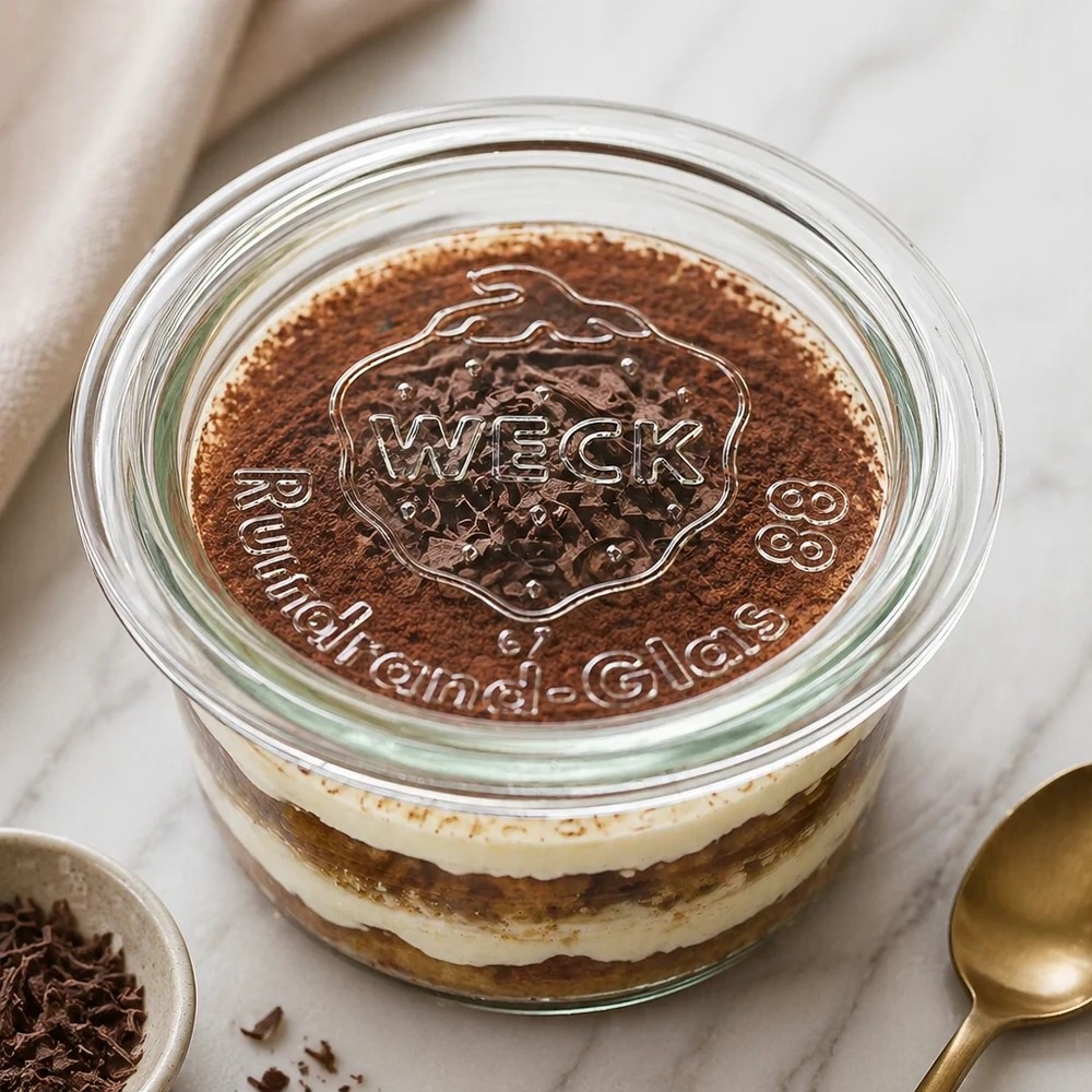 WECK glazen deksel RR80 op tiramisu dessert in een Weck pot met reliëf logo en cacao bestrooiing als een keuken scène