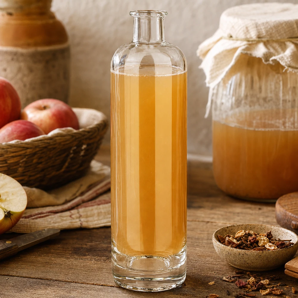 500ml glazen fles Ella UNiTWIST gevuld met appelsap naast verse appels en honing rustiek keukendecor