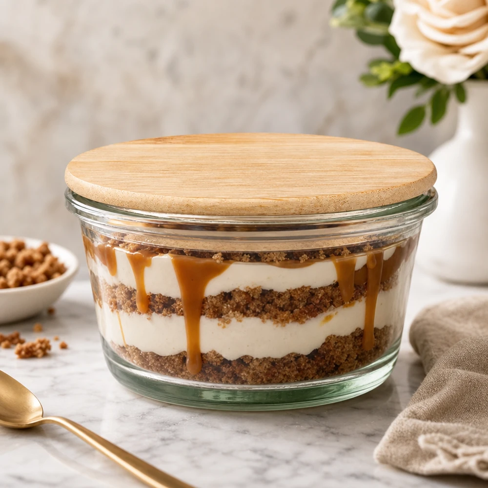 WECK gourmetpot 165ml met bamboe deksel gedecoreerd als dessertpot voor tiramisu gelaagd dessert op een marmeren tafel
