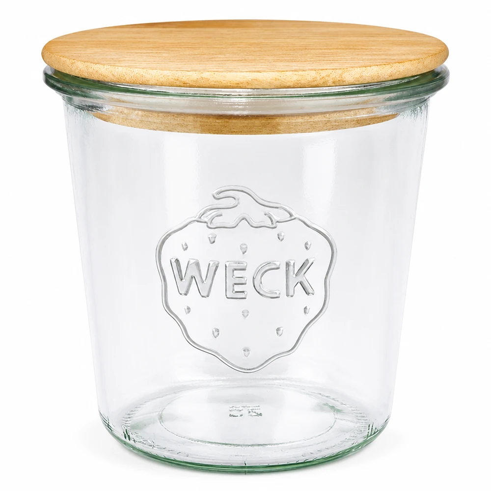 580 ml WECK RR100 metselpot met natuurlijk houten deksel, transparante metselpot met logo in reliëf