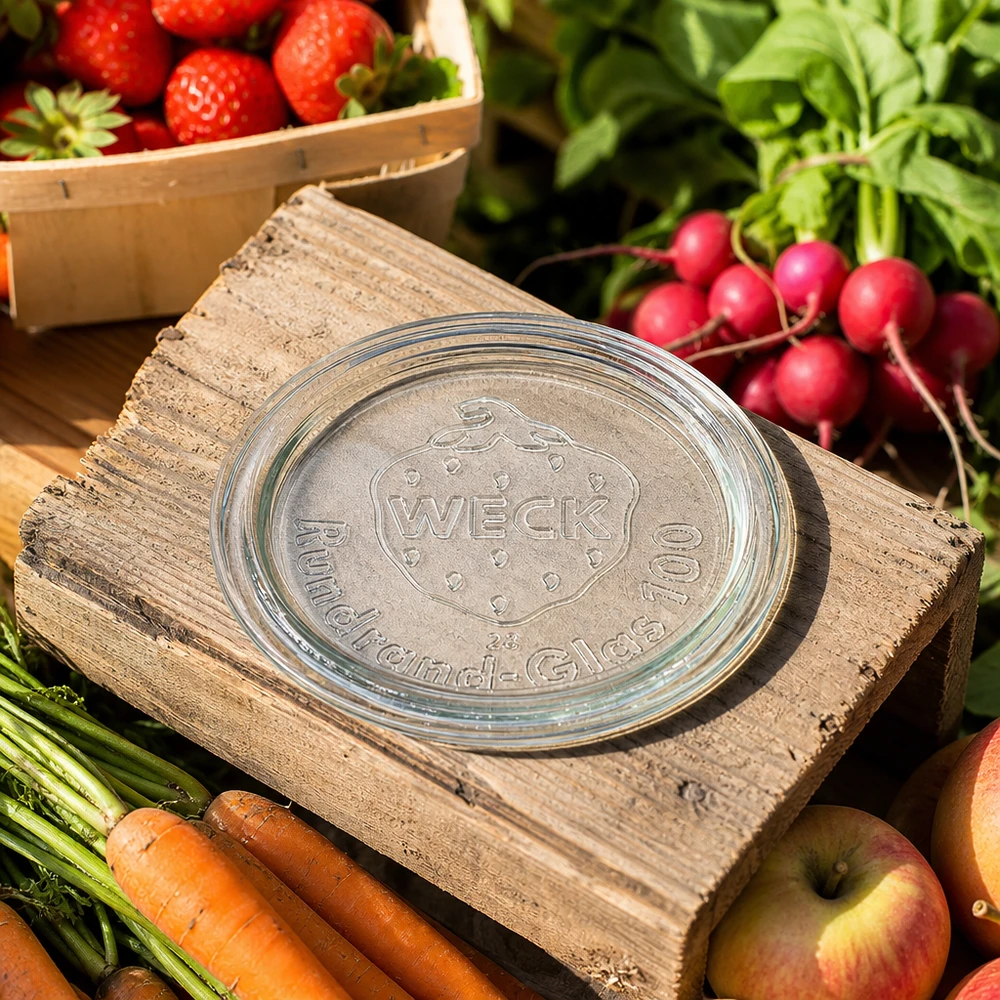 WECK glazen deksel RR100 WECK glazen deksel RR100 op houten plank met verse groenten, fruit en aardbeien in een tuinsetting