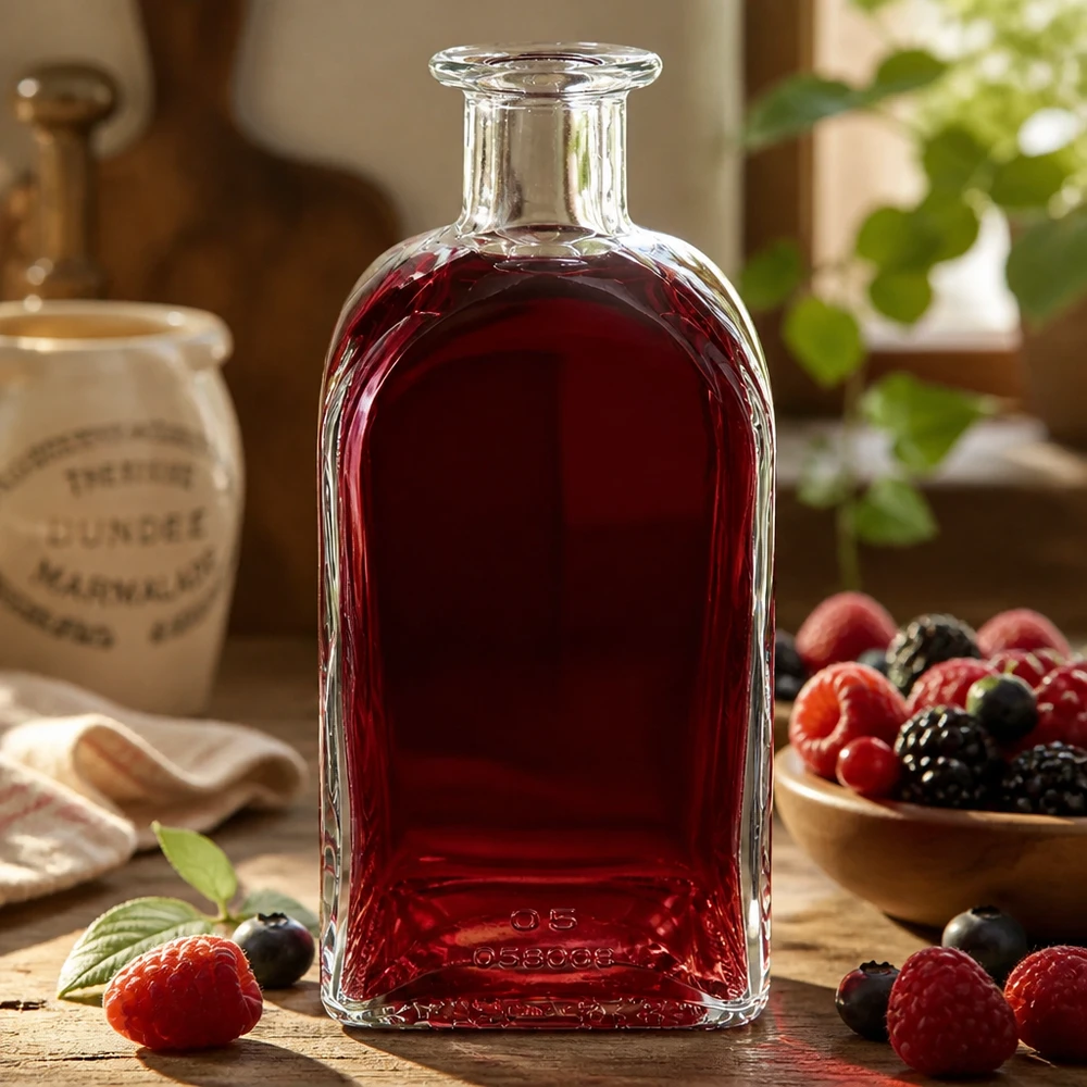 500 ml Apothekersfles Julia zonder sluiting UNiTWIST® Glazen fles Julia 500ml gevuld met rode vloeistof omringd door bessen als decoratie op houten tafel