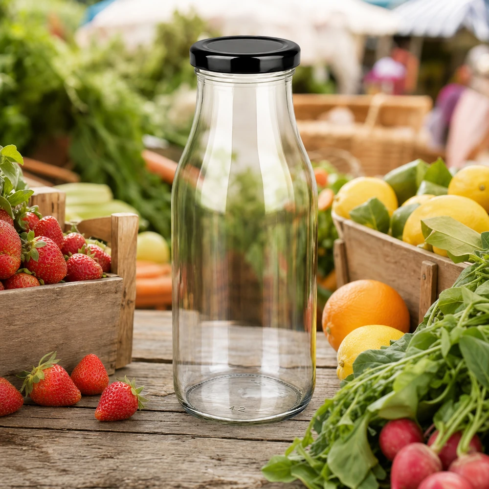 263ml fles met BasicSeal deksel zwart UNiTWIST 263ml Glasflasche mit schwarzem Deckel auf Marktstand zwischen frischen Erdbeeren und Gemüse für natürliche Säfte