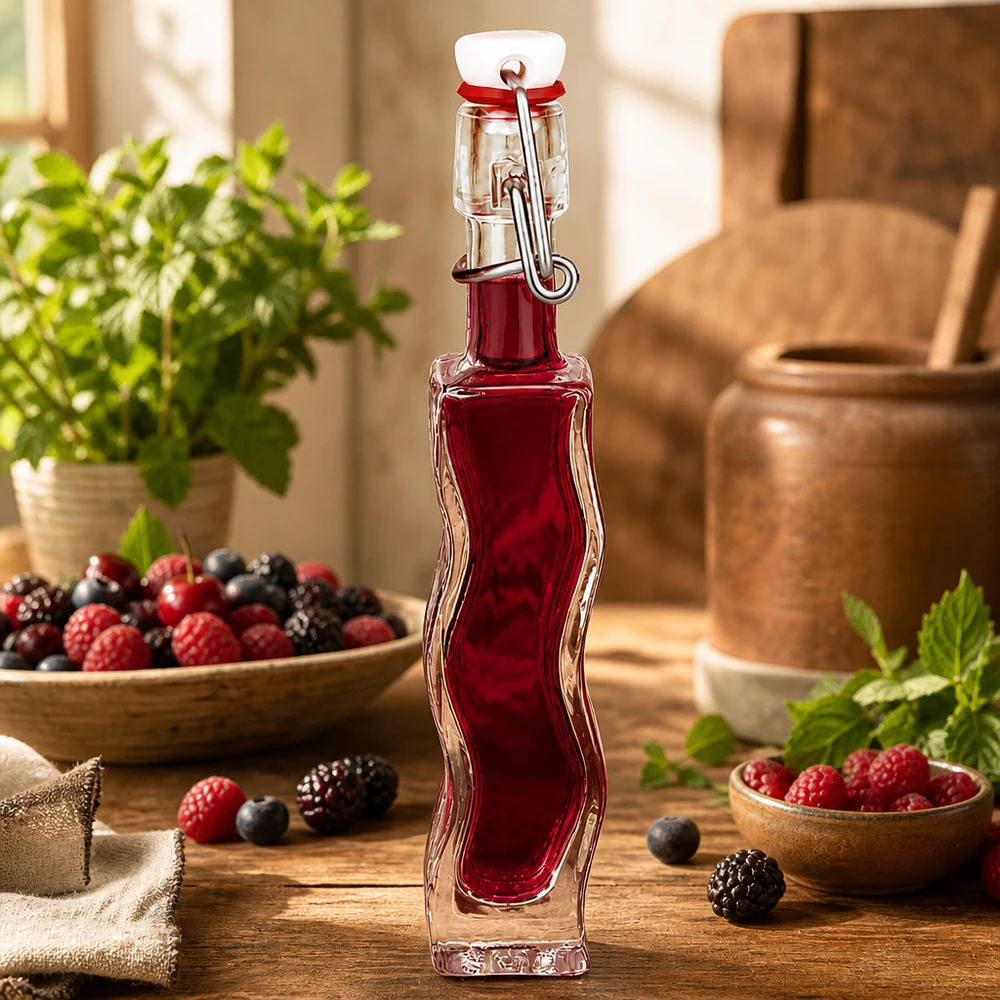 40 ml glazen fles Fila met PVC-sluiting UNiTWIST® 40ml Glasflasche Anna mit Beerensaft gefüllt, dekorativ arrangiert mit frischen Beeren und Minze auf Holztisch