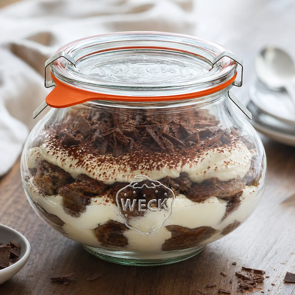 560 ml sierglas, compleet WECK RR80 WECK inmaakpot 560ml gevuld met tiramisu dessert, demonstratie van praktisch gebruik als voorraadpot