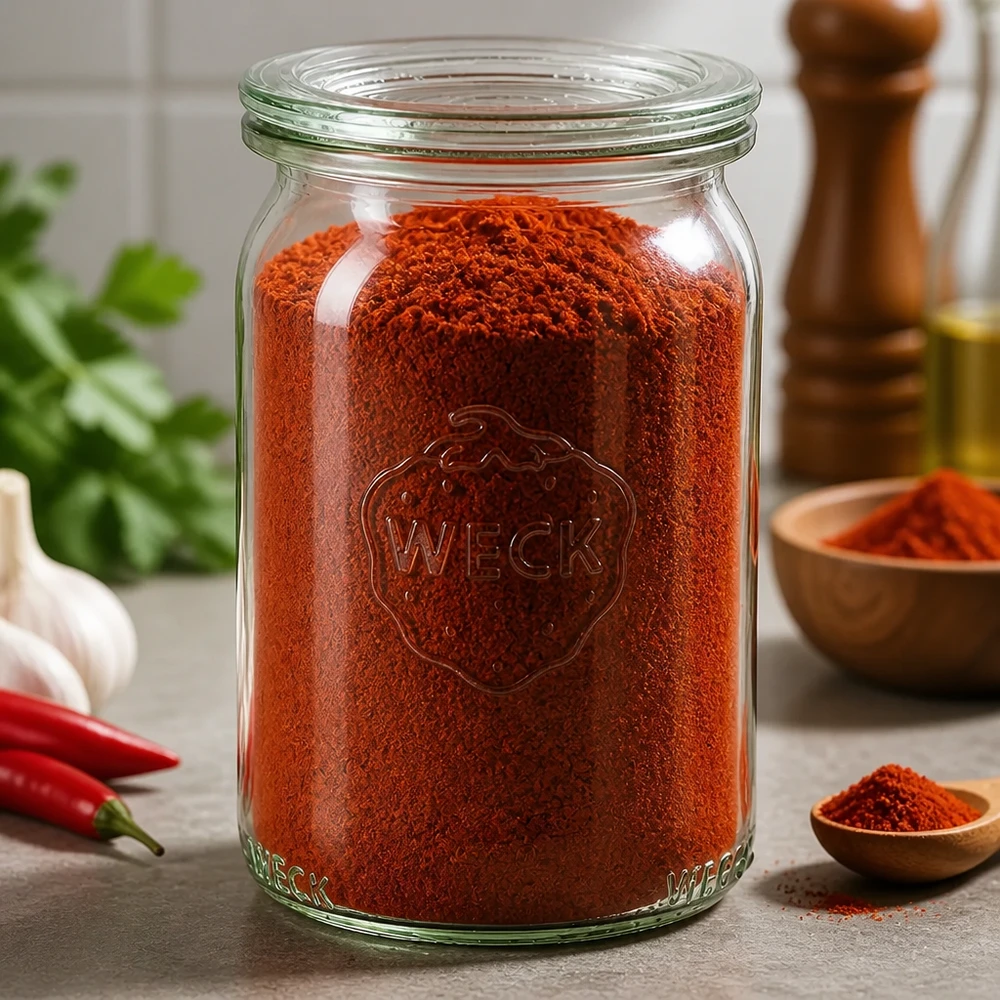 145ml cilinderglas met glazen deksel WECK RR40 WECK 145 ml cilindrische pot RR40 gevuld met rode paprikapoeder in een keukenscène met specerijen en chilipepers