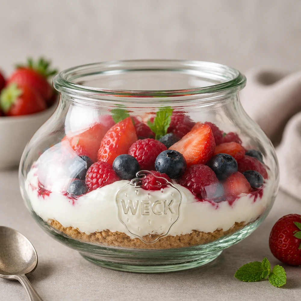 560 ml sierglas WECK RR80 WECK Schmuckglas 560ml RR80 als elegantes Dessertglas mit Beerenmischung und Creme für stilvolle Tischdekoration