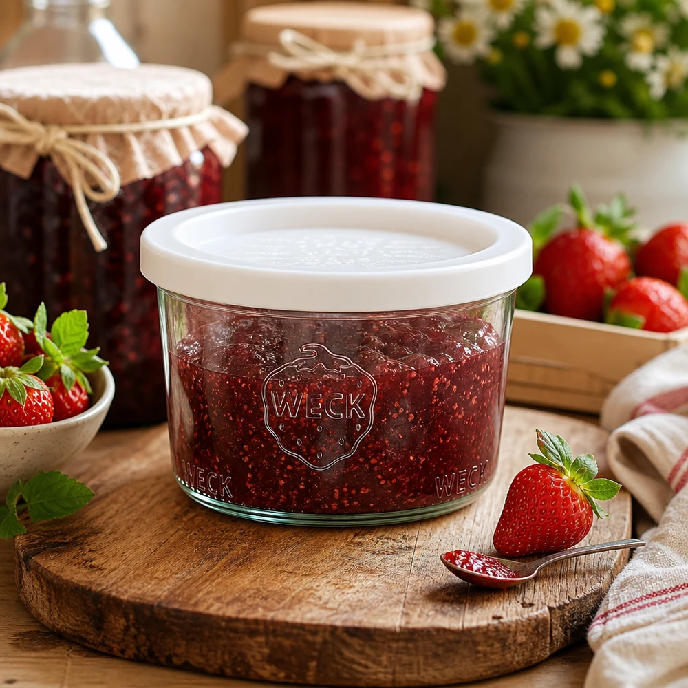 WECK RR80 inmaakpot 200ml gevuld met aardbeienjam op een rustiek houten plankje naast verse aardbeien
