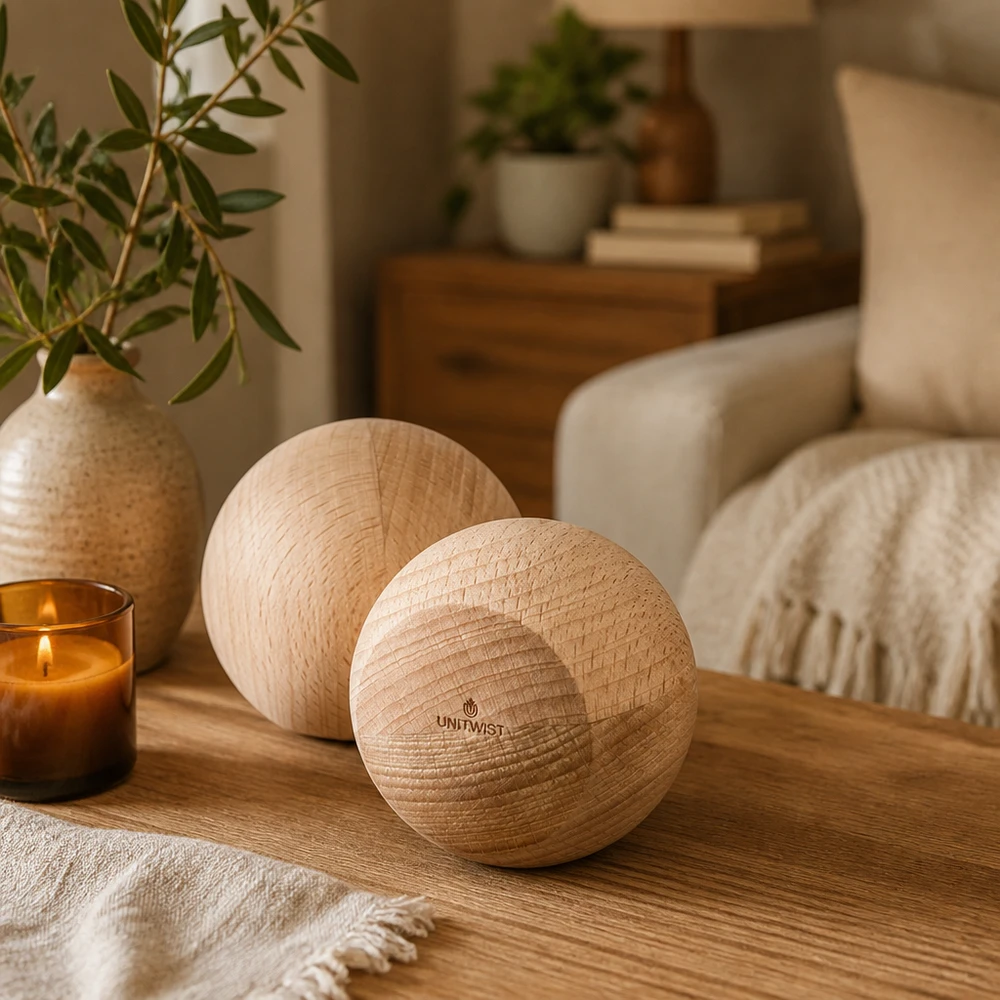 UNiTWIST Houten bal WECK RR80 UNiTWIST houten beuken kerstballen in een gezellige woonsfeer - stijlvolle decoratie op een houten tafel naast een kaars