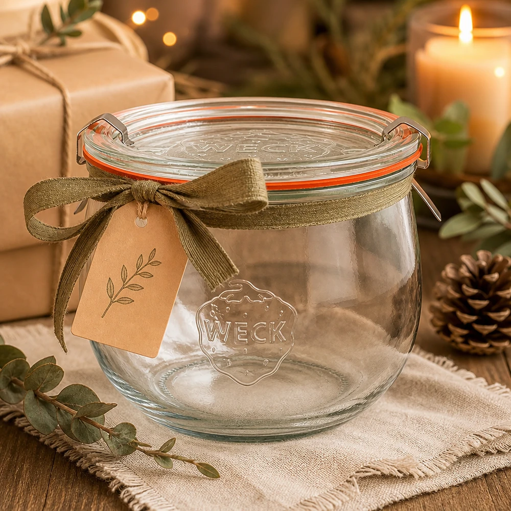 580ml tulpenglas compleet WECK RR100 WECK tulpenpot 580ml RR100 leeg als cadeau-idee met lint en label in een gezellige kerstdecoratie