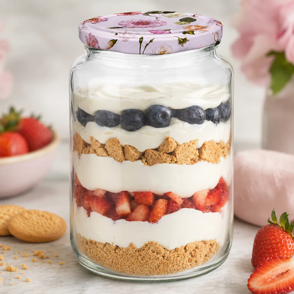 Ronde pot van 795 ml + BasicSeal-deksel met roze bloem UNiTWIST 795ml ronde pot met gelaagd dessert yoghurt bessen koekjes BasicSeal deksel roze bloemen dessertpot keuken