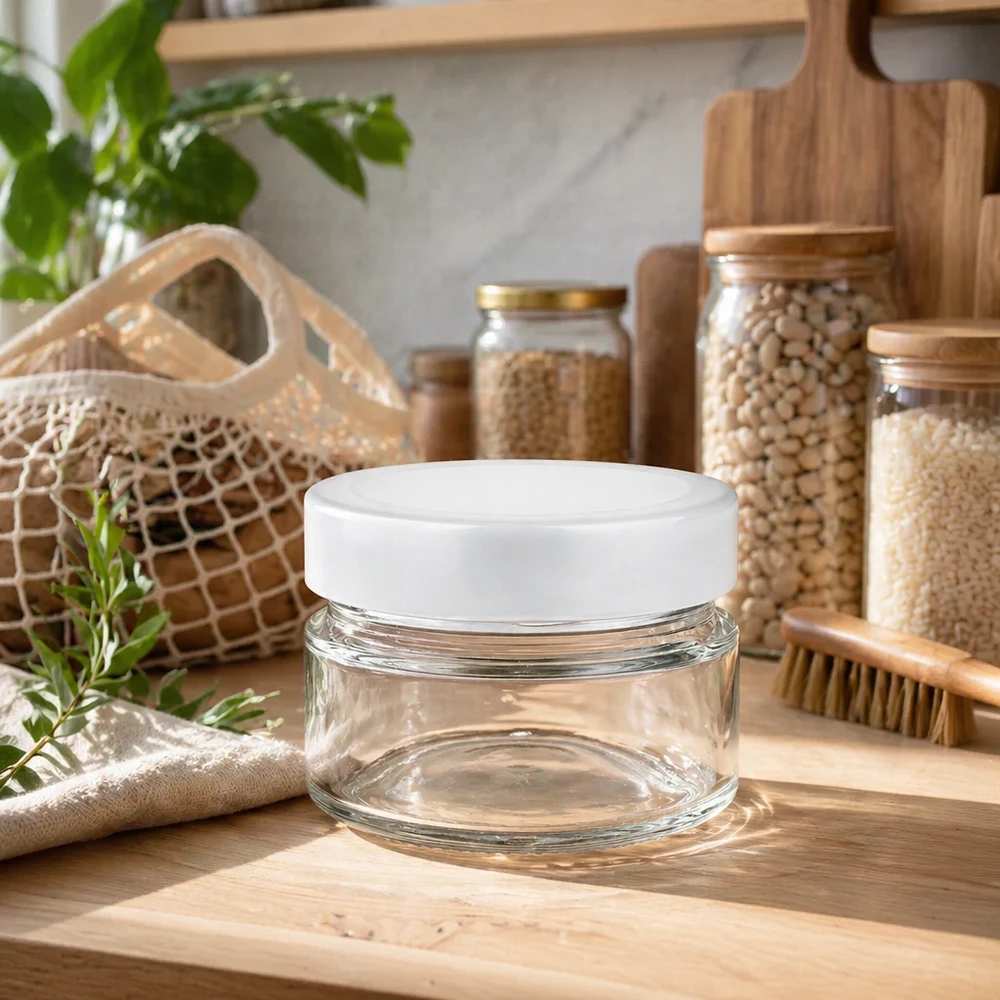 80ml rond glas met BasicSeal deksel wit deep UNiTWIST 80ml Rundglas mit BasicSeal Deckel auf Holzbrett in nachhaltiger Zero-Waste-Küche mit Vorratsglasern