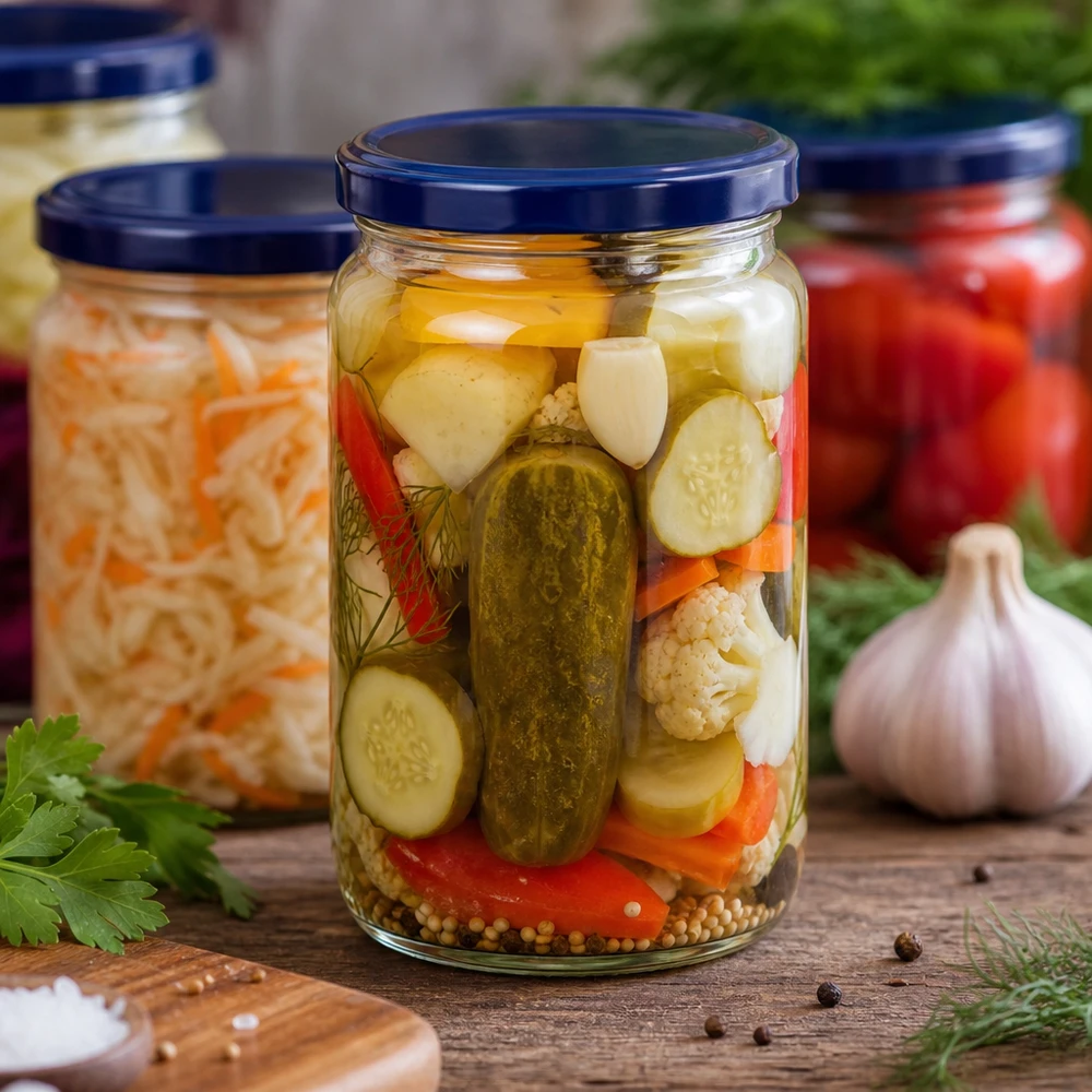 795ml rond glas met BasicSeal deksel blauw UNiTWIST 795ml Rundglas mit blauem UNiTWIST Deckel gefüllt mit eingelegtem Mischgemüse Gurken und Gewürzen für Fermentation