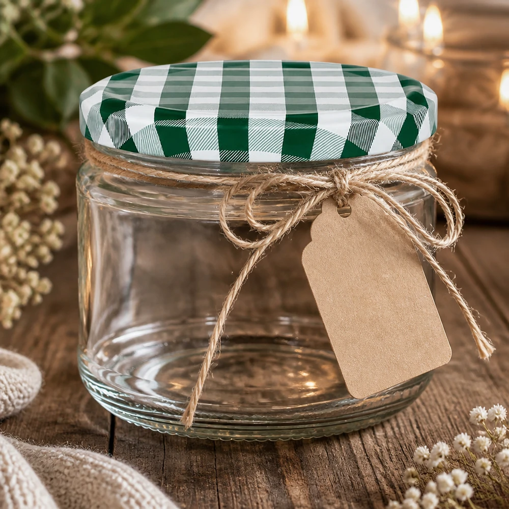 330ml rond glas met BasicSeal deksel groen/wit UNiTWIST 330 ml ronde pot met groen en wit geblokt BasicSeal deksel als geschenkverpakking met jute koord en label