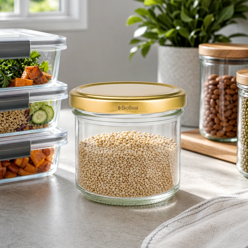 UNiTWIST 125ml voorraadpot gevuld met quinoa - gouden TO66 deksel in moderne keuken met meal prep boxen