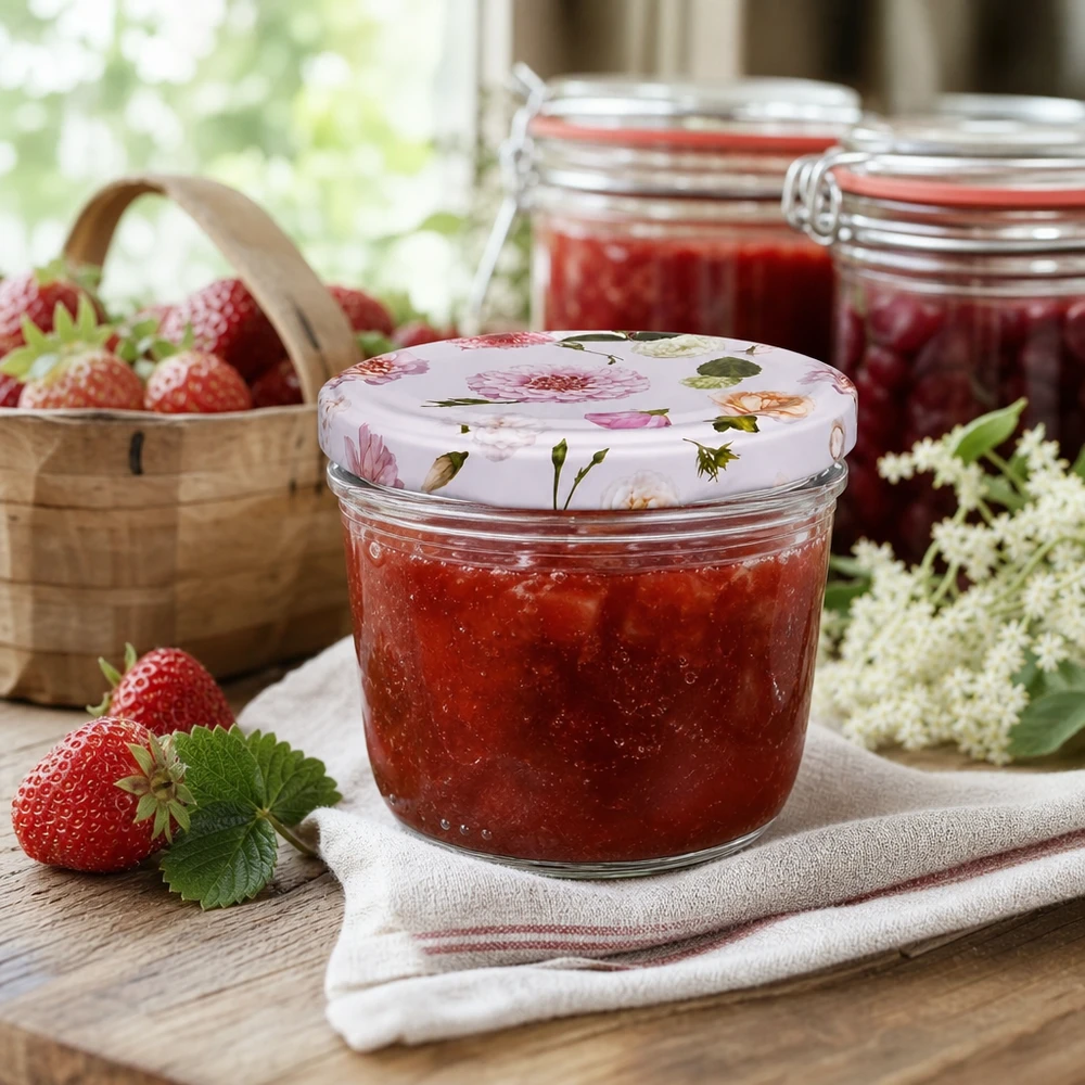 Glazen van 230 ml + BasicSeal-deksel roze... Aardbeienjam in 230ml pot BasicSeal deksel roze bloempatroon jam zelfgemaakte verse aardbeien
