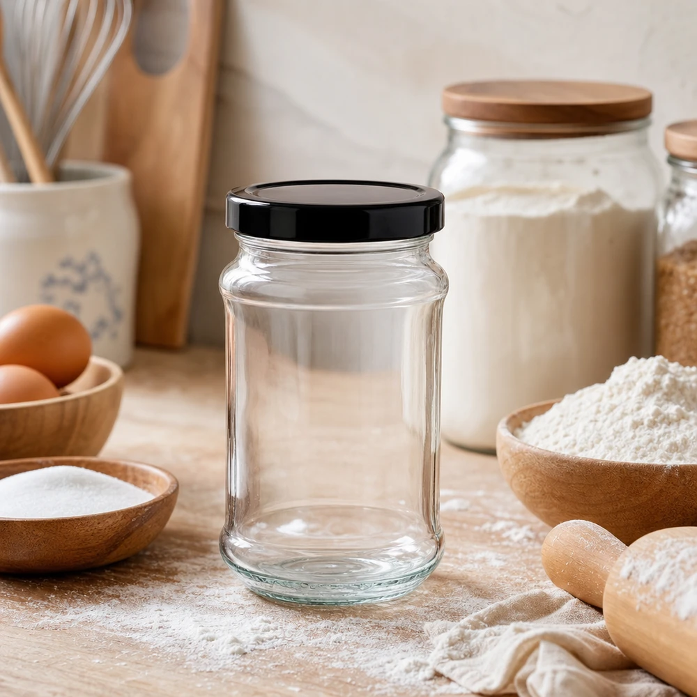 390ml rond glas met BasicSeal deksel zwart UNiTWIST 390 ml ronde pot met zwart BasicSeal deksel in keuken met bakingrediënten - veelzijdige voorraadpot voor bloem en co