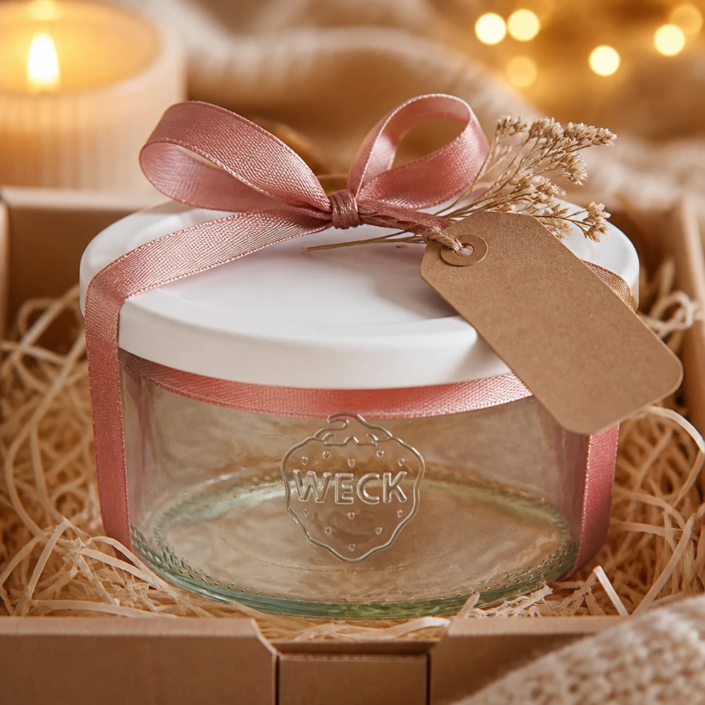 WECK 165ml RR80 bekers als cadeau versierd met roze strik en kraftpapieren label in rustieke verpakking