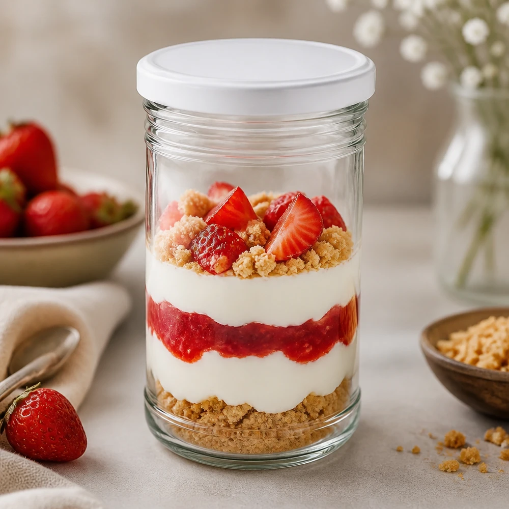 1053ml beker met BasicSeal deksel zilver UNiTWIST 1053ml bekers als dessertpotje met aardbeien en room gelaagd dessert BasicSeal deksel wit dessert in een potje