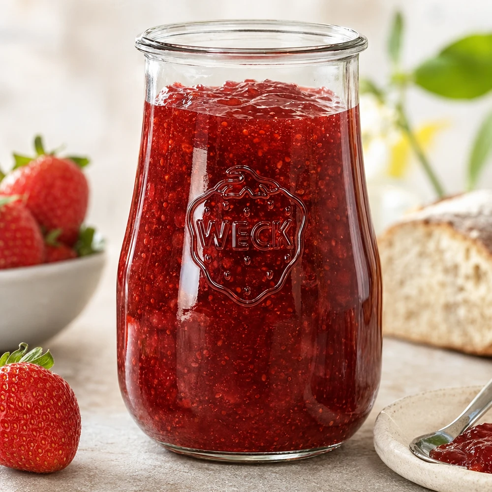 WECK tulpenpot 1750ml RR100 gevuld met zelfgemaakte aardbeienjam toont gebruik als jampot in keuken