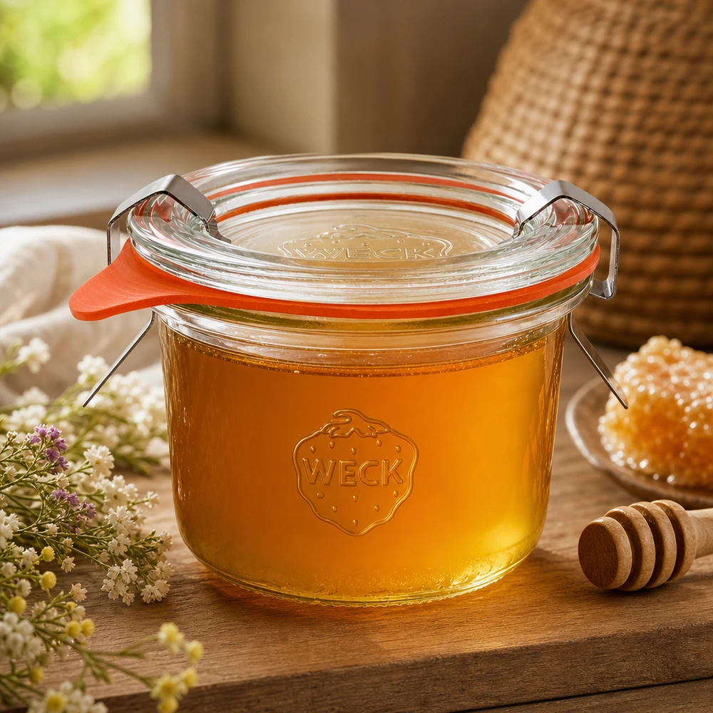 80ml stortglas compleet WECK RR60 WECK tumblers 80ml RR60 gevuld met honing en honinglepel toont natuurlijke opslag van vloeibare producten