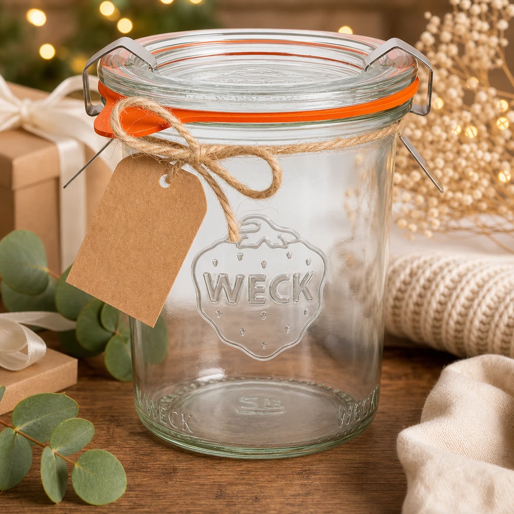 160ml stortglas compleet WECK RR60 WECK RR60 bekers van 160 ml als cadeau-idee versierd voor kerst met een label van kraftpapier en jutelint