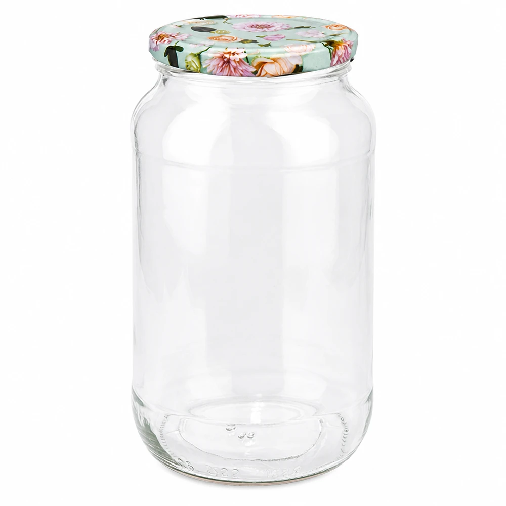 Ronde pot 1062ml met BasicSeal deksel bloem munt inmaakpot voorraadpot schroefdeksel leeg transparant