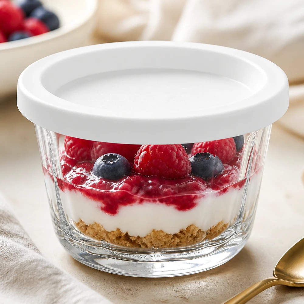 WECK Gugelhupf pot 165ml RR80 als dessertschaal met bessenyoghurt gelaagd dessert en witte kleefdeksel