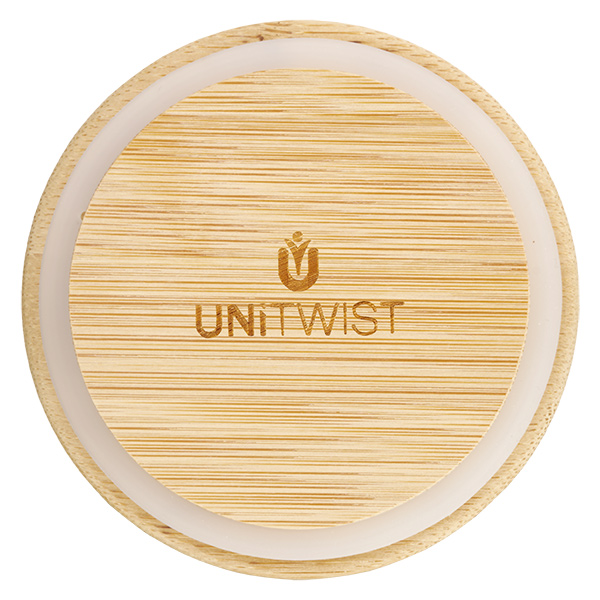 Houten deksel WECK RR80 Bamboe deksel RR80 van boven met UNITWIST logo en zichtbare houtnerf voor WECK inmaakpotten 80mm diameter