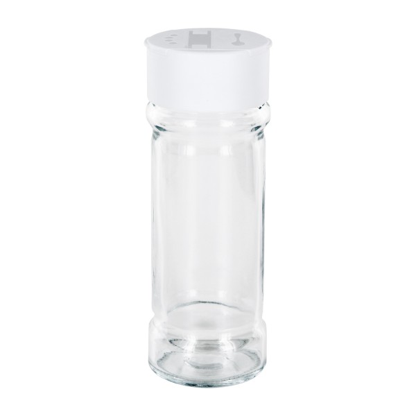 Glazen kruidenpotje cilindervorm 100 ml met 41 mm schroefdraad, helder glas incl. strooi-schroefsluiting wit