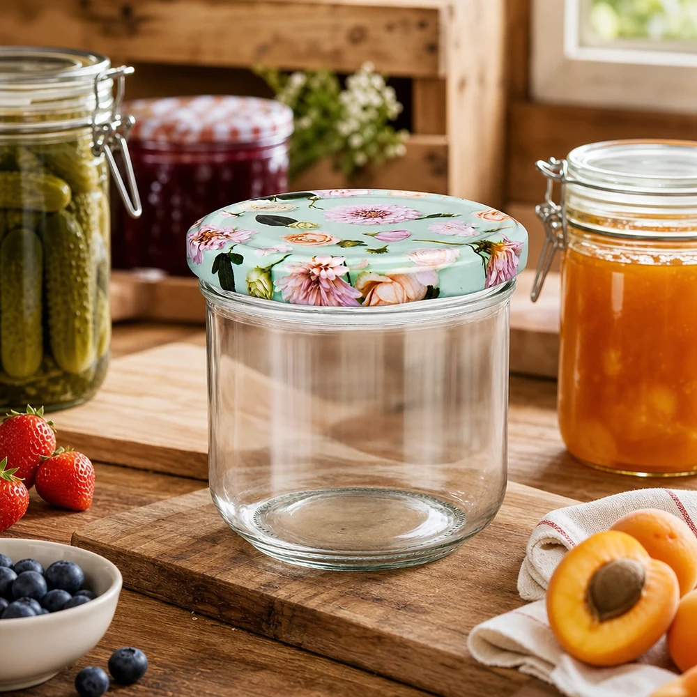 260 ml tumbler + BasicSeal-deksel met muntbloem UNiTWIST 260ml mason jar leeg met BasicSeal bloemdeksel munt tussen inmaakpotten in rustieke keuken met vers fruit