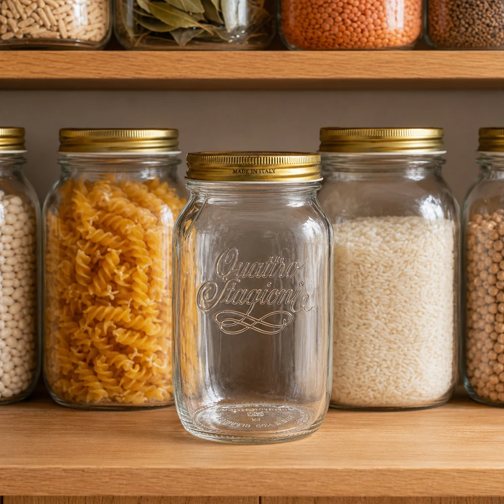 1000 ml rond glas "Quattro Stagioni" met deksel 1000ml Quattro Stagioni inmaakpot in keuken voorraadkast tussen gevulde voorraadpotten Pasta Rijst Peulvruchten Opslag