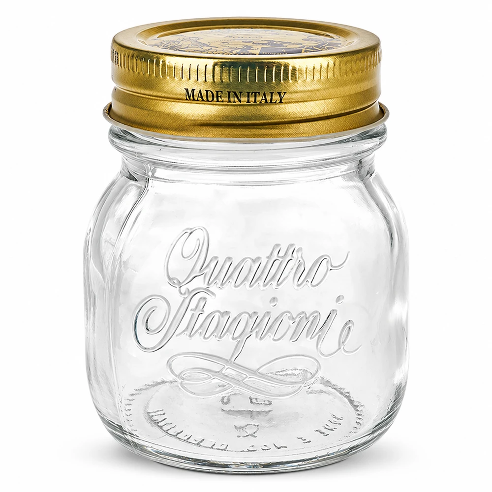 150 ml ronde pot Quattro Stagioni met gouden deksel Gemaakt in Italië voor conserveren en inblikken