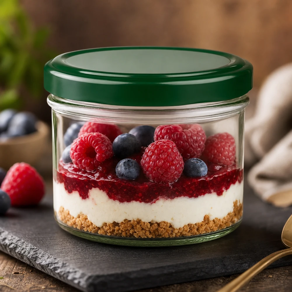 Dessert in 230 ml cilinderpot met groen BasicSeal deksel - perfect voor gelaagde desserts en zoete lekkernijen