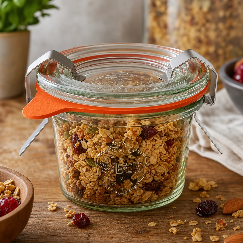 35ml stortglas compleet WECK RR40 WECK 35ml RR40 metselpot gevuld met muesli en gedroogd fruit toont veelzijdig gebruik als voorraadpot