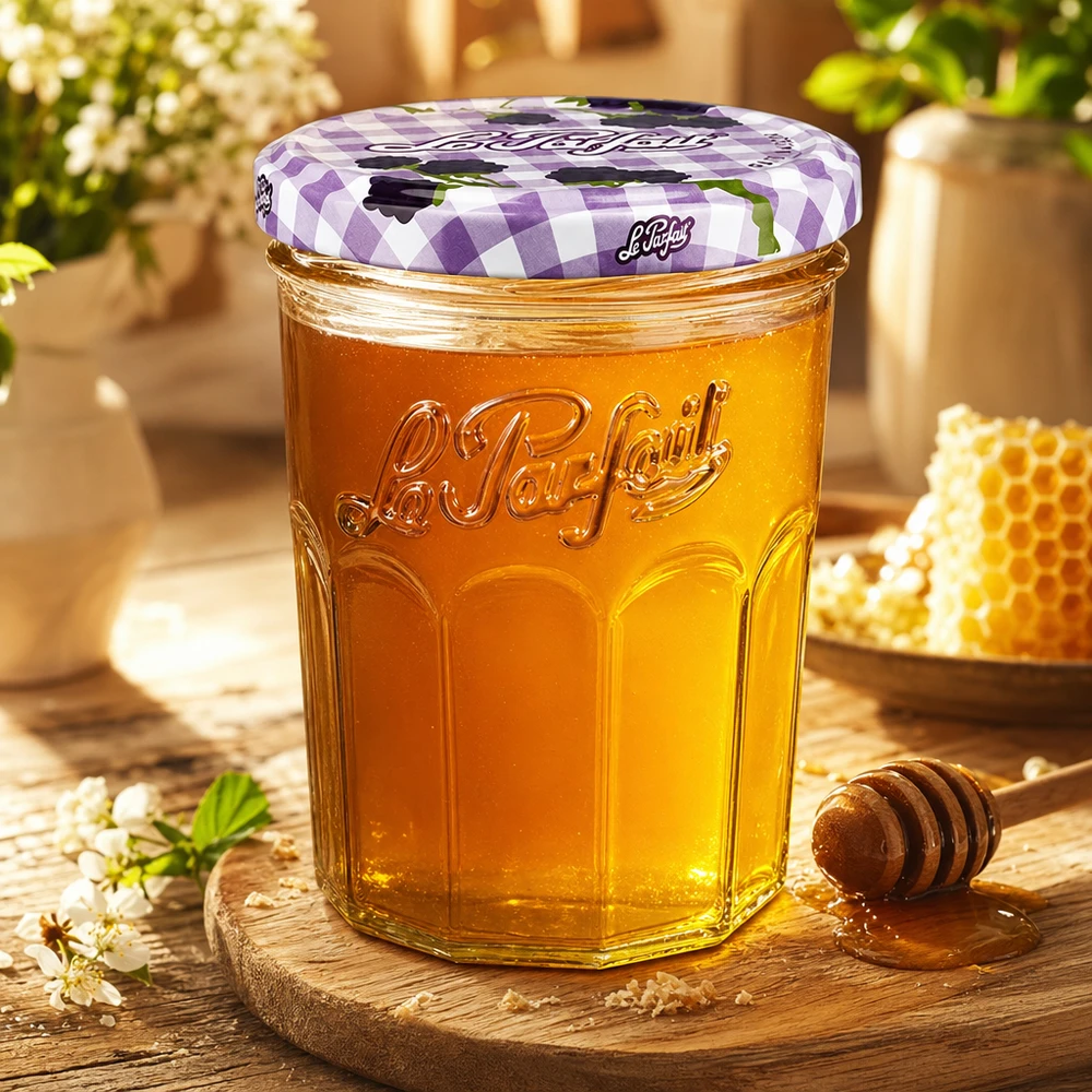 Le Parfait® Jam 385 ml Ø82 mm confituurpot Le Parfait bekers 385ml gevuld met honing naast honingraat en honinglepel op houten plank in een warme sfeer