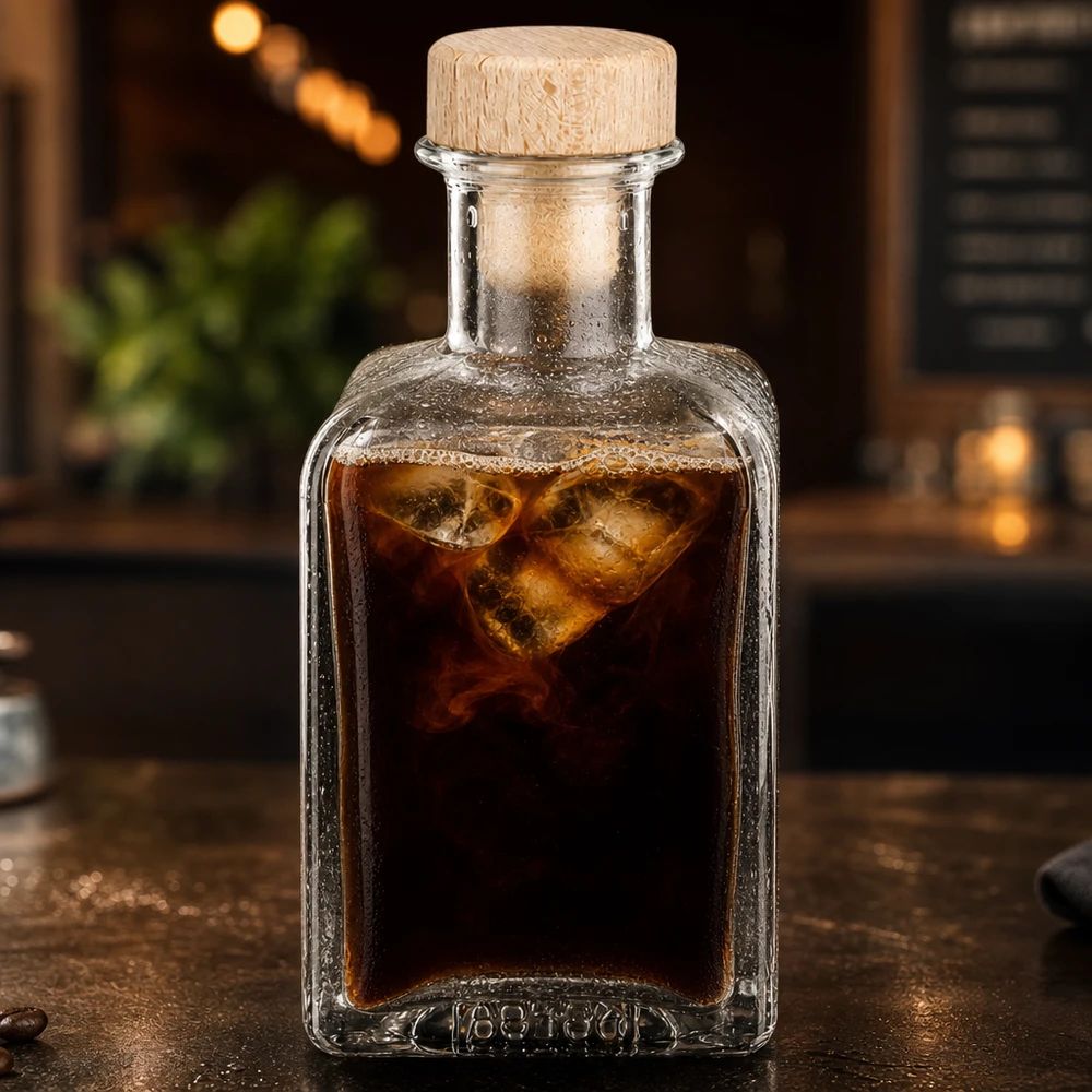 200ml glazen fles Clara gevuld met cold brew koffie ijsblokjes houten kurk sfeervolle verlichting café ambiance
