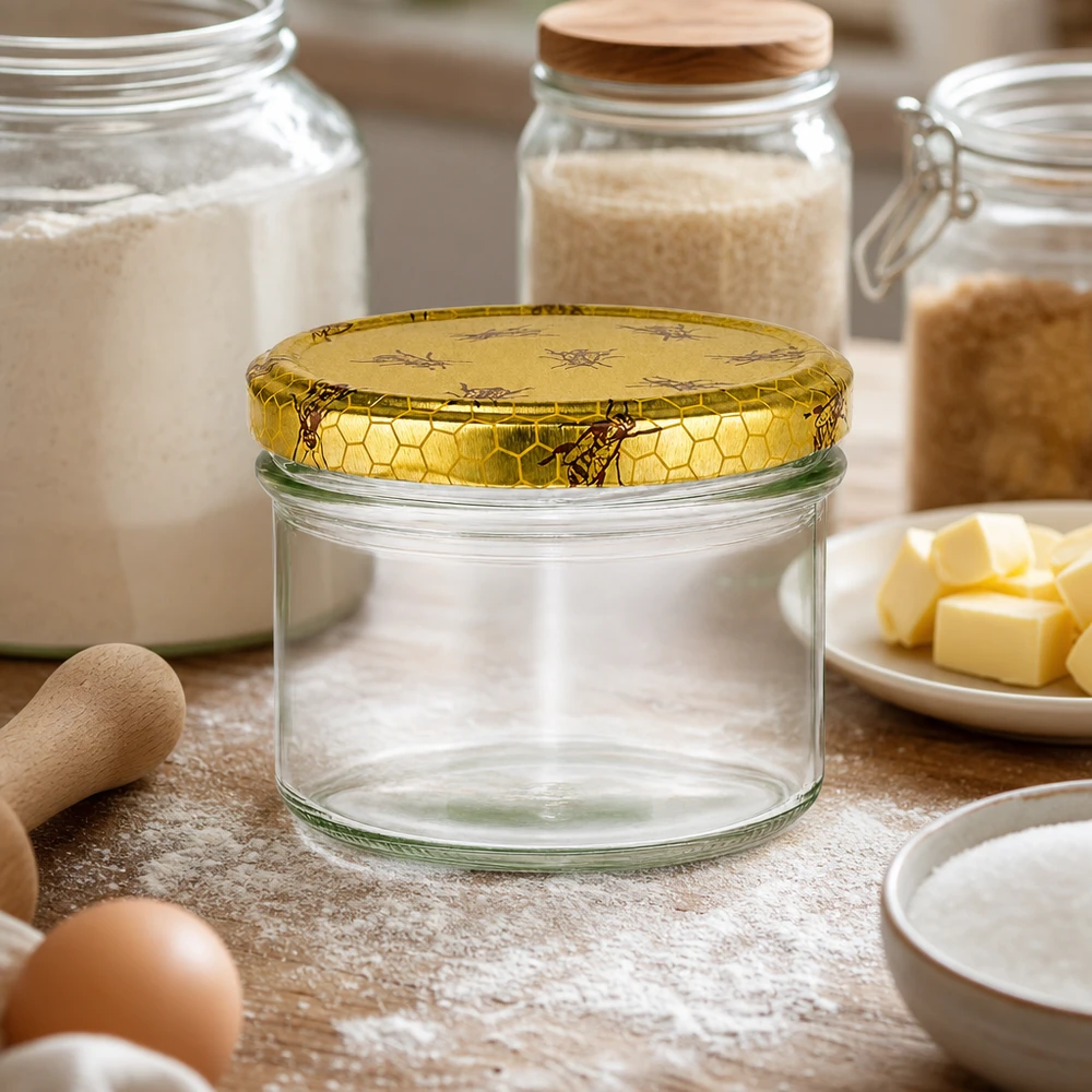 225ml bekers met BasicSeal deksel Honingraat UNiTWIST 225ml lege glazen pot met gouden BasicSeal honingraatdeksel in bakkerij keukenscène met bloem boter eieren