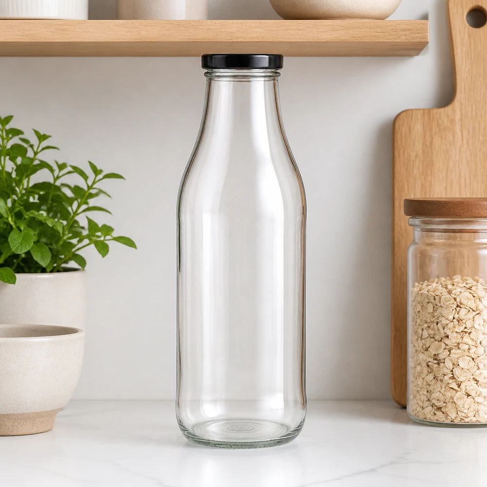 1000ml fles met BasicSeal deksel zwart UNiTWIST Lege 1000ml glazen fles met zwart deksel in moderne keuken naast houten planken en kruidenplant