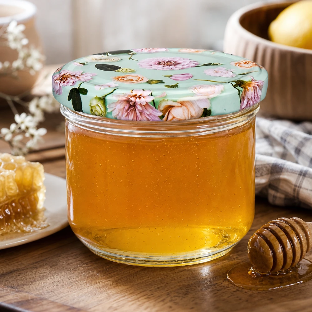 260 ml tumbler + BasicSeal-deksel met muntbloem UNiTWIST 260ml BasicSeal bekers met mintbloem deksels gevuld met honing, honinglepel en honingraat op houten tafel Lifestyle setting