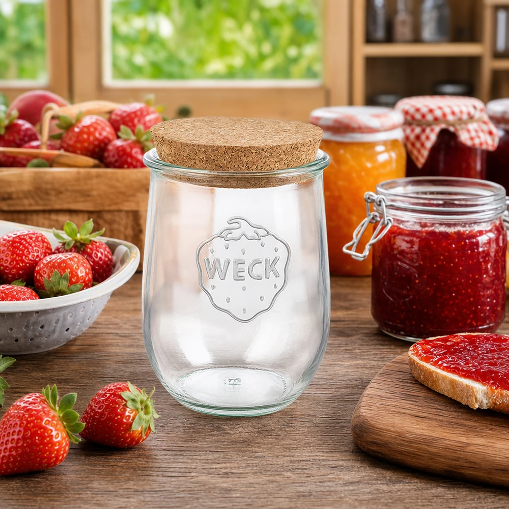 WECK RR100 Tulpenpot 1062ml met kurken deksel Keukentafereel met aardbeien en zelfgemaakte jam