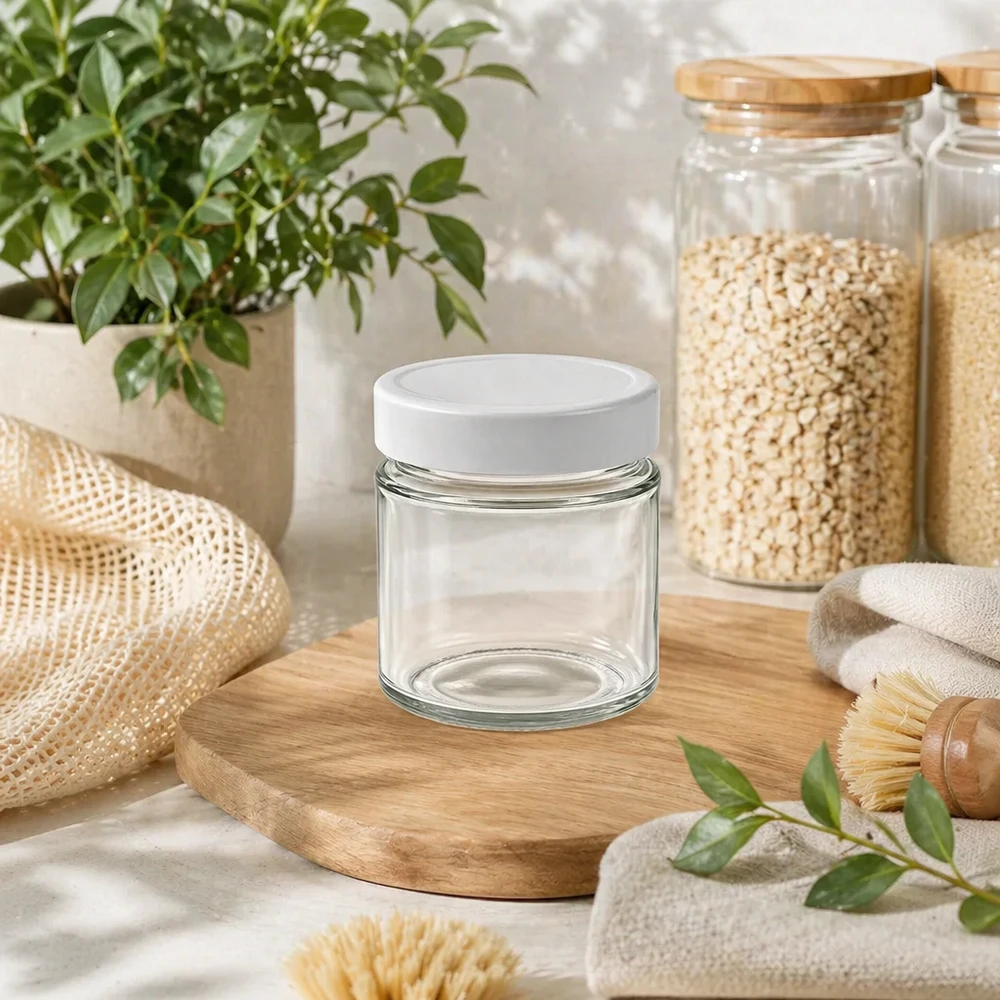 135ml rond glas met BasicSeal deksel wit deep UNiTWIST 135ml ronde pot BasicSeal deksel wit duurzaam zero waste lifestyle bamboe deksel houten plank keuken organisatie